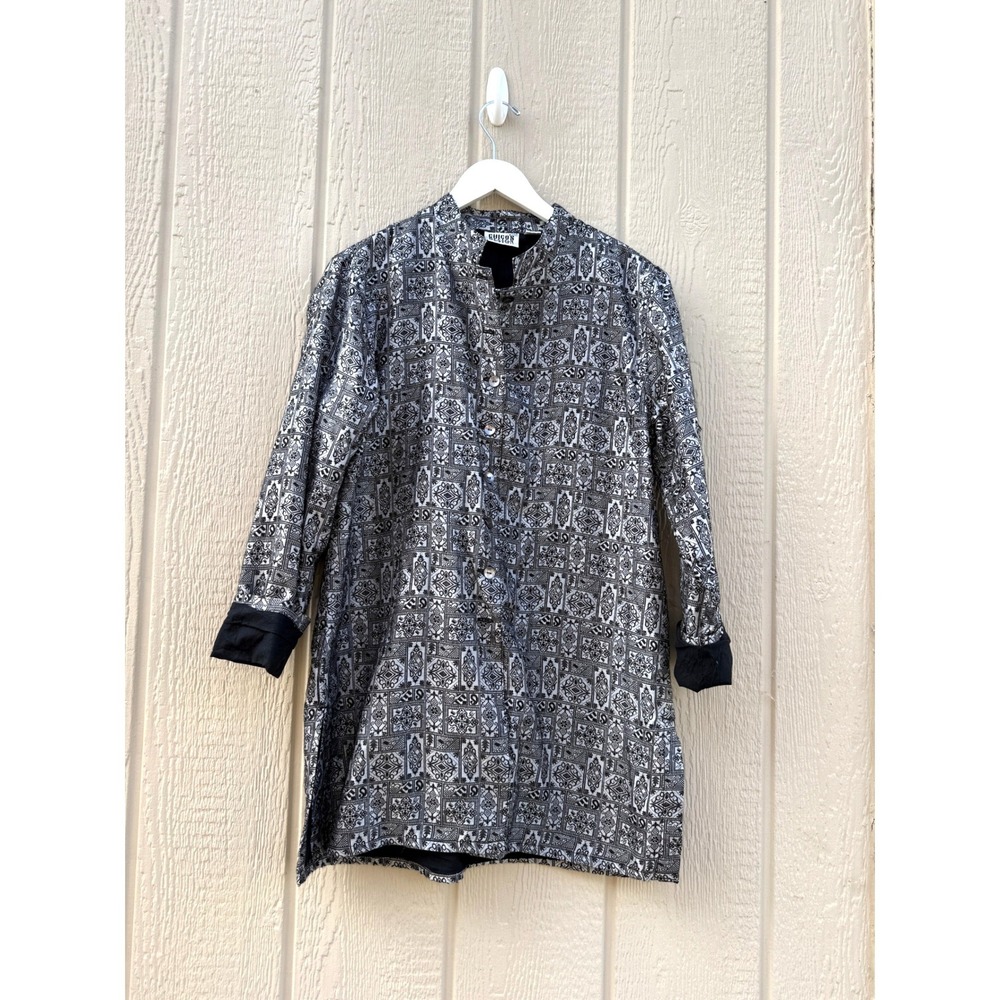 Chico's 2 Tunic Blouse Silk Rayon Geometric Print Mandarin Collar Blouse